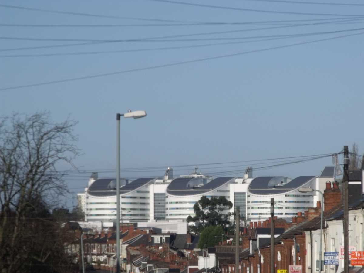 Queen Elizabeth Hospital Birmingham from Heeley Road, Selly Oak (January 2012)